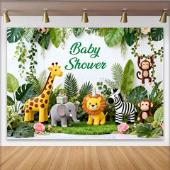 Lofaris Toile de fond baby shower jungle et animaux mignons, verdure luxuriante, décoration pour fête prénatale.