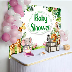 Lofaris Toile de fond baby shower safari avec animaux mignons, feuilles tropicales vertes, pour fête prénatale