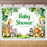 Lofaris Toile de fond baby shower safari avec animaux mignons, feuilles tropicales vertes, pour fête prénatale