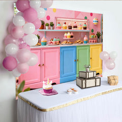 Lofaris Toile de fond de fête pastel, décor de magasin de desserts coloré avec cupcakes et macarons pour enfants et filles