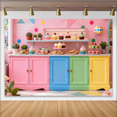 Lofaris Toile de fond de fête pastel, décor de magasin de desserts coloré avec cupcakes et macarons pour enfants et filles