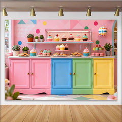 Lofaris Toile de fond de fête pastel, décor de magasin de desserts coloré avec cupcakes et macarons pour enfants et filles