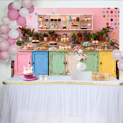 Lofaris Toile de fond pour anniversaire avec patisserie et meubles colorés, décor festif pour fête gourmande