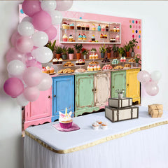 Lofaris Toile de fond pour anniversaire avec patisserie et meubles colorés, décor festif pour fête gourmande