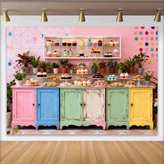 Lofaris Toile de fond pour anniversaire avec patisserie et meubles colorés, décor festif pour fête gourmande
