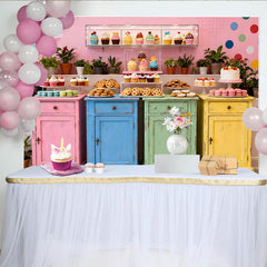 Lofaris Toile de fond de fête avec desserts colorés et ambiance joyeuse, pour anniversaire et baby shower, décor pastel
