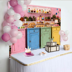 Lofaris Toile de fond de fête avec desserts colorés et ambiance joyeuse, pour anniversaire et baby shower, décor pastel