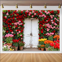 Lofaris Toile de fond porte blanche avec roses rouges et tulipes, décor floral pour mariage et portrait