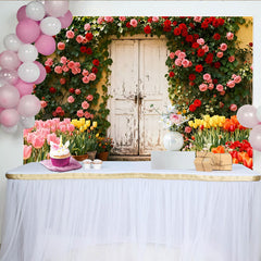 Lofaris Toile de fond porte rustique blanche et roses grimpantes, jardin fleuri pour événement printemps été
