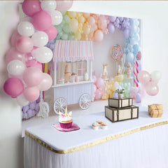 Lofaris Toile de fond anniversaire confiserie ballons pastel et chariot, décor de fête pour enfants avec sucettes et gâteaux