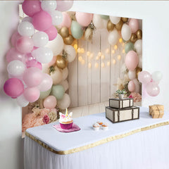 Lofaris Toile de fond pour baby shower ballons pastel et fleurs, élégant décor en bois clair avec lumières pour séance photo