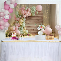 Lofaris Toile de fond anniversaire ballons pastel et bois pour bébé fille, décor de fête élégant avec lumières pour studio photo