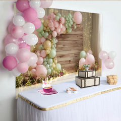 Lofaris Toile de fond anniversaire ballons pastel et bois pour bébé fille, décor de fête élégant avec lumières pour studio photo