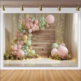 Lofaris Toile de fond anniversaire ballons pastel et bois pour bébé fille, décor de fête élégant avec lumières pour studio photo