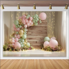 Lofaris Toile de fond anniversaire ballons pastel et bois pour bébé fille, décor de fête élégant avec lumières pour studio photo