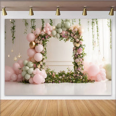 Lofaris Toile de fond pour baby shower florale avec ballons roses pastel et verts sauge, élégant décor de fête pour studio photo et célébration