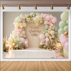 Lofaris Toile de fond joyeux anniversaire un avec ballons pastel et fleurs, élégant décor de fête pour studio photo et célébration d'enfant
