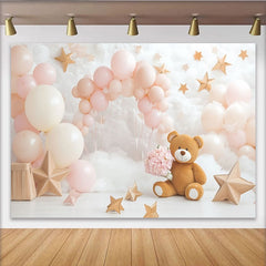 Lofaris Toile de fond pour baby shower ours en peluche et ballons roses, décor de rêve nuages et étoiles pour séance photo