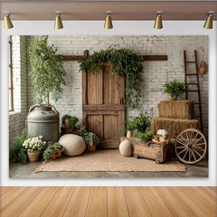 Lofaris Toile de fond de photographie rustique avec porte en bois et verdure, arrière-plan de ferme avec bottes de foin pour studio