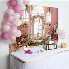 Lofaris Toile de fond pour anniversaire florale rose avec arche et gâteau, élégant décor de fête pour studio photo