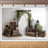 Lofaris Toile de fond de photographie rustique avec porte de grange blanche et verdure, arrière-plan de style ferme pour studio photo