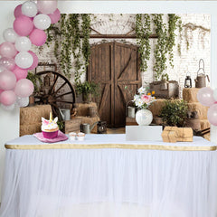 Lofaris Toile de fond de photographie grange rustique avec porte en bois et foin, décor de studio pour portraits et scènes rurales