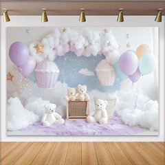 Lofaris Toile de fond pour baby shower ours en peluche et montgolfières pastel, magnifique décor de ciel étoilé pour séance photo bébé