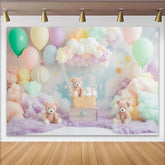 Lofaris Toile de fond pour baby shower ours en peluche avec montgolfière et nuages pastels, magnifique arrière-plan de rêve pour photographie