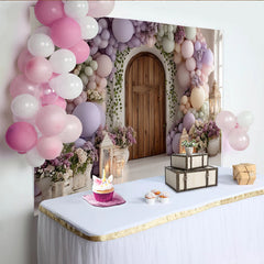 Lofaris Toile de fond porte en bois avec arche de ballons pastel et fleurs lilas, décor romantique pour séance photo