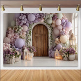 Lofaris Toile de fond porte en bois avec arche de ballons pastel et fleurs lilas, décor romantique pour séance photo