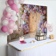 Lofaris Toile de fond de photographie d'arche ballons pastel et fleurs, décor élégant pour studio photo avec lumières et papillons
