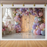Lofaris Toile de fond de photographie d'arche ballons pastel et fleurs, décor élégant pour studio photo avec lumières et papillons