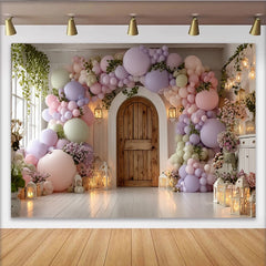 Lofaris Toile de fond de photographie ballons pastel et arche en bois, décor féerique avec lanternes et fleurs pour studio photo