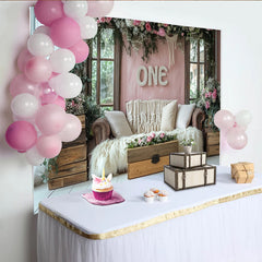 Lofaris, Toile de fond pour premier anniversaire florale rose et rustique, élégant arrière-plan pour séance photo de bébé