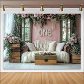 Lofaris, Toile de fond pour premier anniversaire florale rose et rustique, élégant arrière-plan pour séance photo de bébé