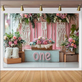 Lofaris Toile de fond rose florale pour 1er anniversaire fille avec macramé, décor rustique bohème pour séance photo studio