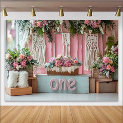 Lofaris Toile de fond rose florale pour 1er anniversaire fille avec macramé, décor rustique bohème pour séance photo studio