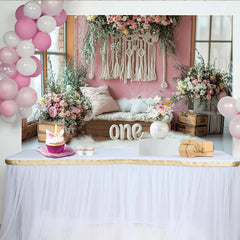 Lofaris Toile de fond rose florale bohème avec macramé pour 1er anniversaire, élégant décor en bois pour séance photo de bébé