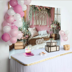 Lofaris Toile de fond rose florale bohème avec macramé pour 1er anniversaire, élégant décor en bois pour séance photo de bébé