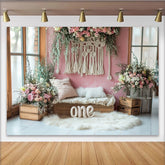 Lofaris Toile de fond rose florale bohème avec macramé pour 1er anniversaire, élégant décor en bois pour séance photo de bébé