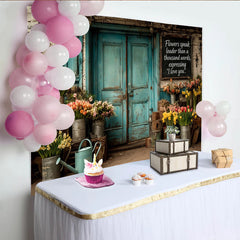 Lofaris Toile de fond de photographie porte turquoise avec fleurs printanières, décor rustique pour séance photo