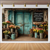 Lofaris Toile de fond de photographie porte turquoise avec fleurs printanières, décor rustique pour séance photo