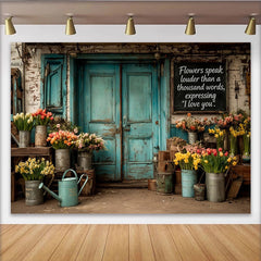 Lofaris Toile de fond de photographie porte turquoise avec fleurs printanières, décor rustique pour séance photo