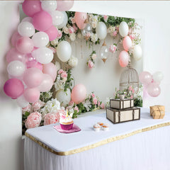 Lofaris Toile de fond pour baby shower florale rose et blanche avec ballons, élégant décor de fête prénatale pour séance photo
