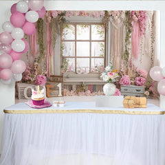 Lofaris Toile de fond pour 1er anniversaire fille avec fleurs roses et fenêtre rustique, décor de fête pour séance photo