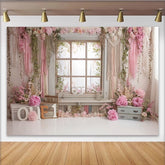 Lofaris Toile de fond pour 1er anniversaire fille avec fleurs roses et fenêtre rustique, décor de fête pour séance photo