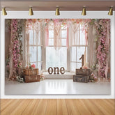 Lofaris Toile de fond pour 1er anniversaire avec fleurs roses et blanches, décor de studio photo avec macramé et valises vintage