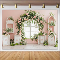 Lofaris Toile de fond de photographie rose pastel avec arche fleurie roses et cœurs, magnifique arrière-plan pour portrait et studio