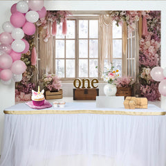 Lofaris Toile de fond pour 1er anniversaire fille avec fleurs roses et fenêtre, décor floral romantique pour séance photo et fête