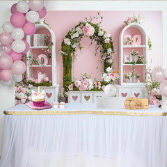 Lofaris Toile de fond de photographie florale avec arche de roses et cœurs, mur rose, décor romantique pour studio photo et séance de portrait